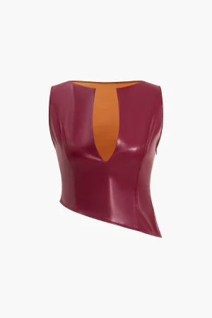 Solid Faux Leather Asymmetrical Zipper Tank Top>MICAS Sale