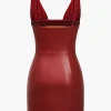 Solid Faux Leather Backless Mini Dress>MICAS Online