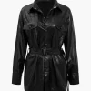 Solid Faux Leather Belted Long-Sleeve Shirt>MICAS Online