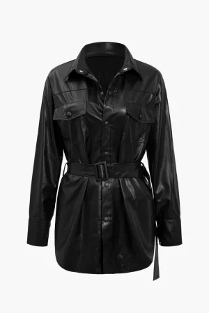Solid Faux Leather Belted Long-Sleeve Shirt>MICAS Online