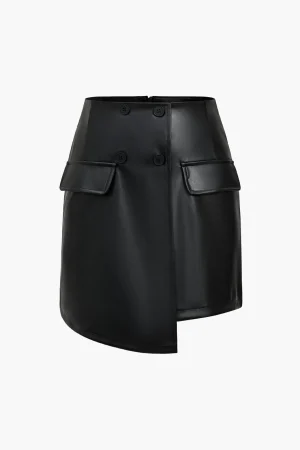Solid Faux Leather Button Asymmetrical Skirt>MICAS Hot