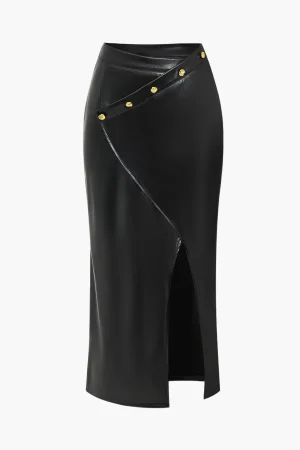 Solid Faux Leather Button Asymmetrical Skirt>MICAS Best