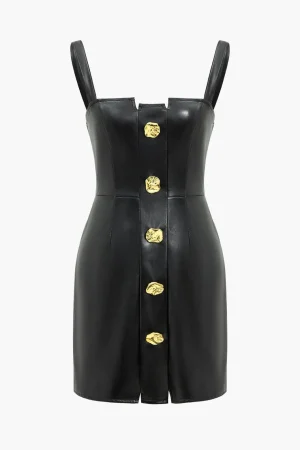 Solid Faux Leather Button Mini Dress>MICAS Hot