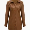 Solid Faux Leather Button Long Sleeve Mini Dress>MICAS New