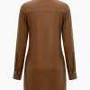 Solid Faux Leather Button Long Sleeve Mini Dress>MICAS New