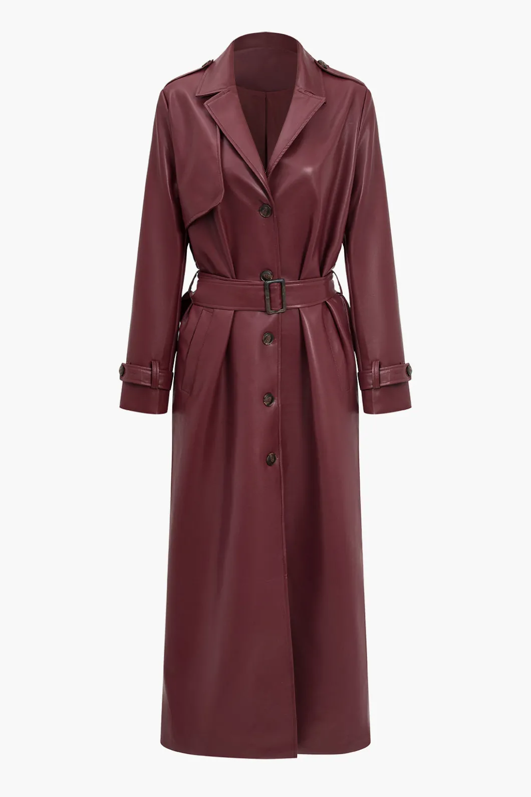 Solid Faux Leather Button Pocket Belted Coat>MICAS Fashion