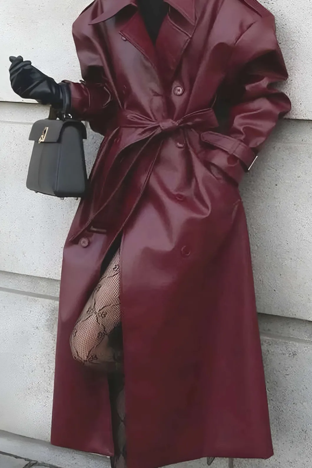 Solid Faux Leather Button Pocket Belted Coat>MICAS Fashion