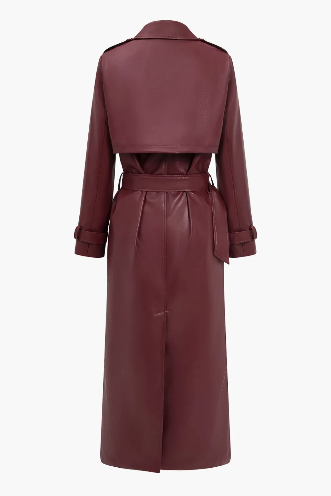 Solid Faux Leather Button Pocket Belted Coat>MICAS Fashion