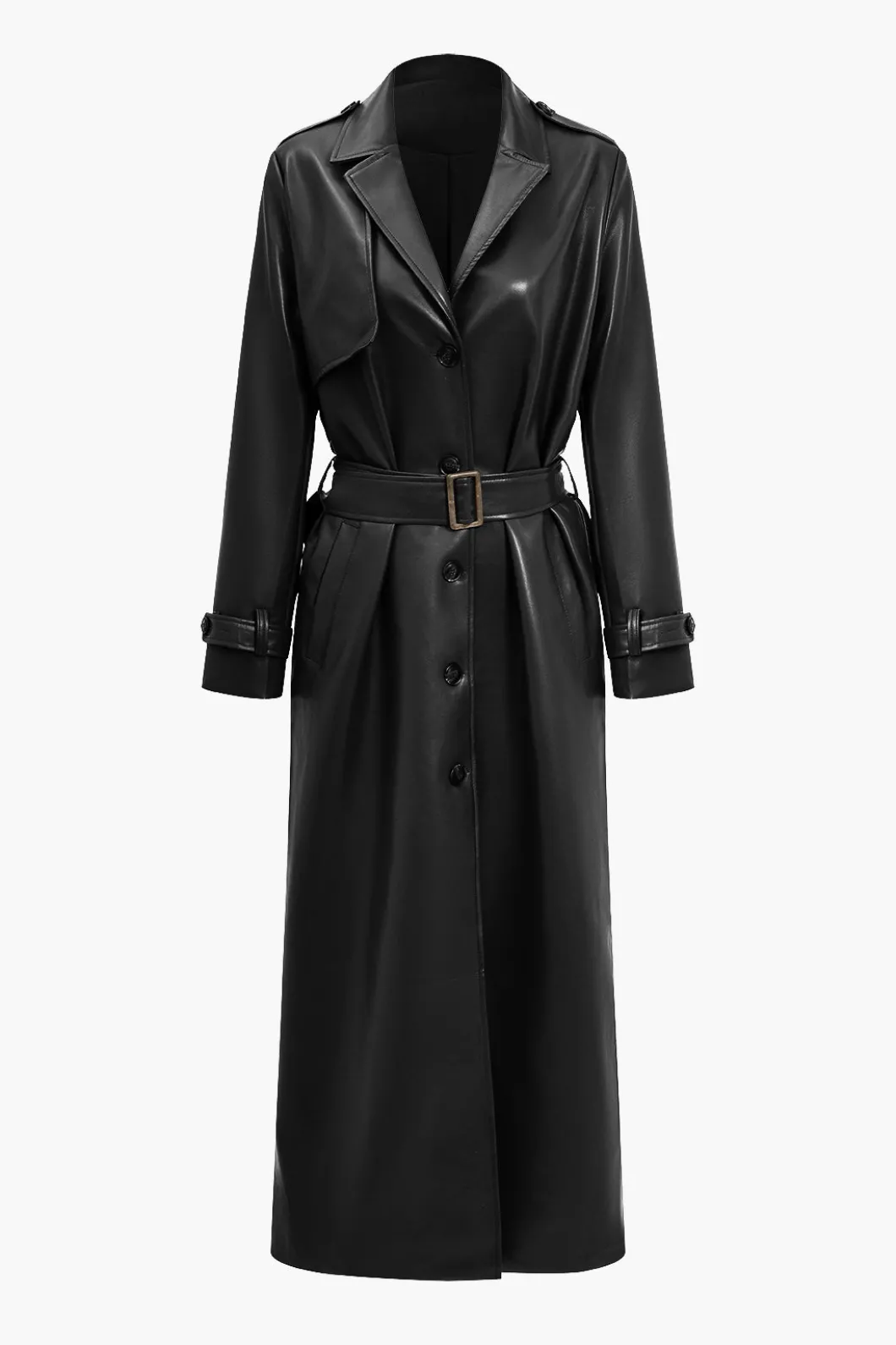 Solid Faux Leather Button Pocket Belted Coat>MICAS Fashion