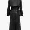 Solid Faux Leather Button Pocket Belted Coat>MICAS Fashion