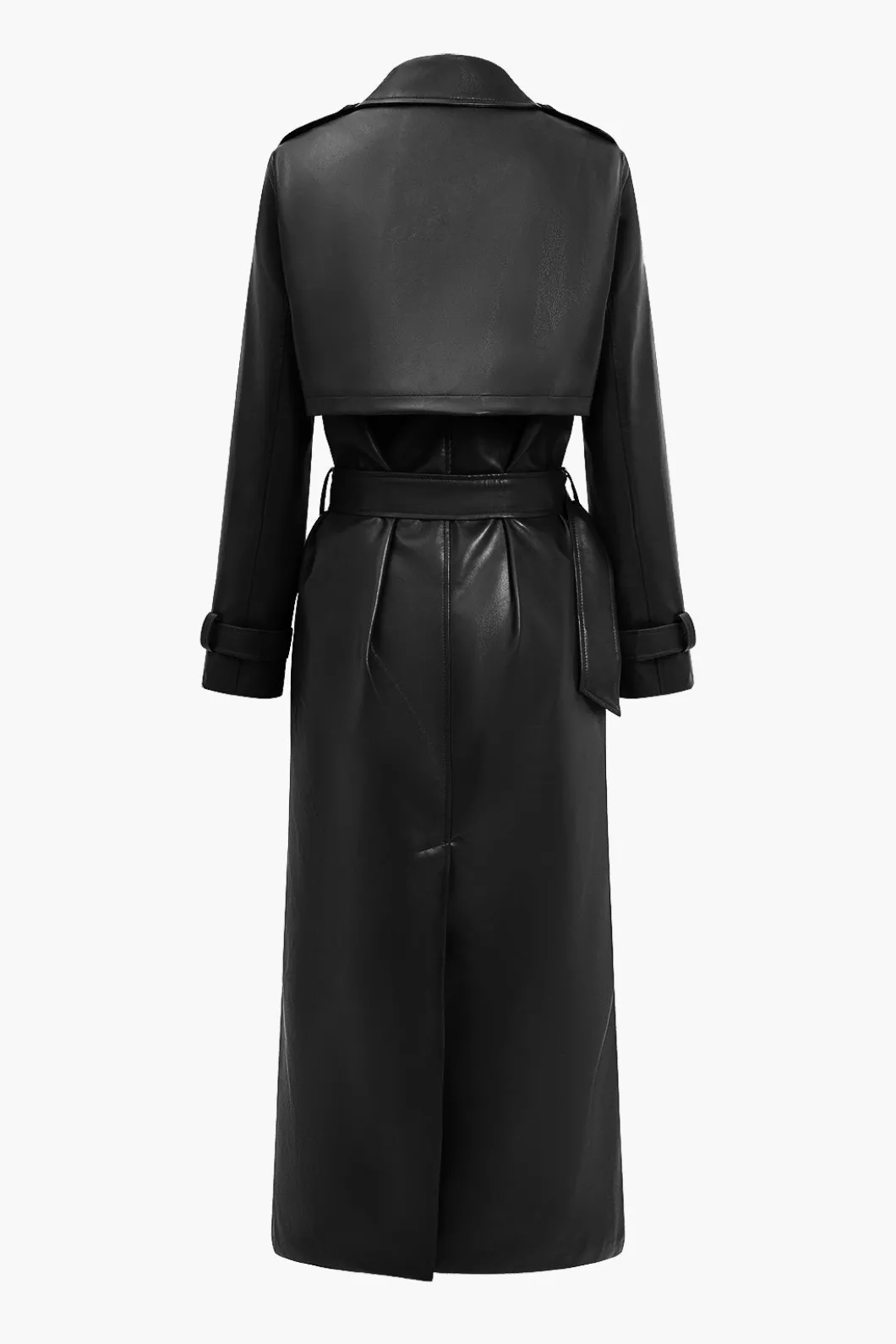 Solid Faux Leather Button Pocket Belted Coat>MICAS Fashion