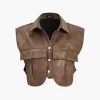 Solid Faux Leather Button Pocket Vest>MICAS Sale