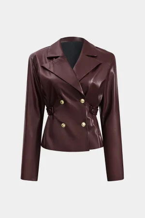 Solid Faux Leather Double Breasted Jacket>MICAS Hot