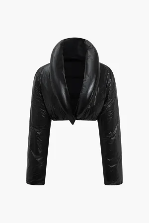 Solid Faux Leather Padded Button Stand Collar Puffer>MICAS Discount