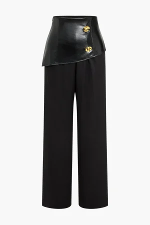 Solid Faux Leather Patchwork Button Trousers>MICAS New