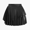 Solid Faux Leather Pleated Asymmetrical Skirt>MICAS Online