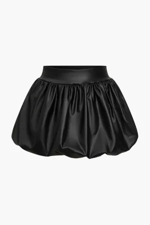 Solid Faux Leather Ruched Puff Skirt>MICAS Online