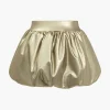 Solid Faux Leather Ruched Puff Skirt>MICAS Online