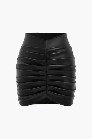 Solid Faux Leather Ruched Skirt>MICAS Sale