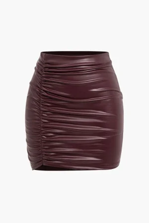 Solid Faux Leather Ruched Skirt>MICAS Discount