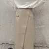 Solid Faux Leather Slit Button Fake Pockets Skirt>MICAS Clearance