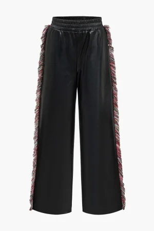 Solid Faux Leather Trousers With Fringe>MICAS Online