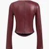 Solid Faux Leather Zipper Detail Long-Sleeve Shirt>MICAS Online