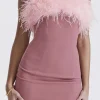 Solid Feather Strapless Mini Dress>MICAS Hot