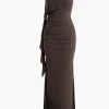 Solid Fringe Backless Slip Slit Maxi Dress>MICAS Online
