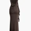 Solid Fringe Backless Slip Slit Maxi Dress>MICAS Online