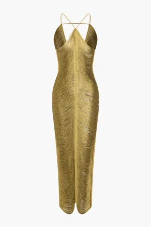 Solid Fringe Cut Out Slit Midi Dress>MICAS Outlet