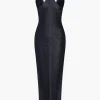 Solid Fringe Cut Out Slit Midi Dress>MICAS Outlet