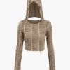 Solid Fringe Long-Sleeve Hooded Top>MICAS Online