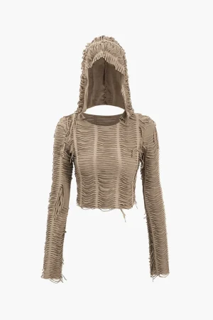 Solid Fringe Long-Sleeve Hooded Top>MICAS Online