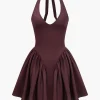 Solid Halter V-neck Ruched Mini Dress>MICAS Best