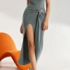Solid High Slit Knotted Sweater Dress>MICAS Outlet