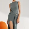 Solid High Slit Knotted Sweater Dress>MICAS Outlet