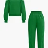 Solid Hooded Cut Out Sweatshirt And Elastic Pants Set>MICAS Online