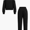 Solid Hooded Cut Out Sweatshirt And Elastic Pants Set>MICAS Online