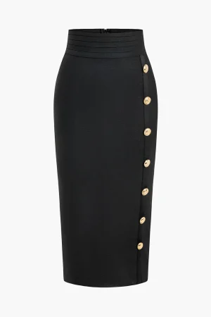 Solid Knit Asymmetrical Button Skirt>MICAS Sale