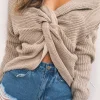 Solid Knit Backless V-Neck Twist Knot Long-Sleeve Top>MICAS New
