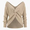 Solid Knit Backless V-Neck Twist Knot Long-Sleeve Top>MICAS New