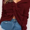 Solid Knit Backless V-Neck Twist Knot Long-Sleeve Top>MICAS New