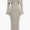 Solid Knit Bell Sleeves Off Shoulder Maxi Dress>MICAS New