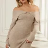 Solid Knit Bell Sleeves Off Shoulder Maxi Dress>MICAS New