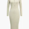 Solid Knit Button Long Sleeve Dress>MICAS Best