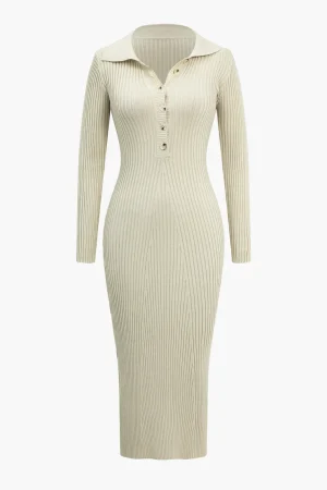 Solid Knit Button Long Sleeve Dress>MICAS Best