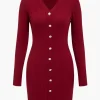 Solid Knit Button Long-Sleeve Dress>MICAS New
