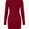 Solid Knit Button Long-Sleeve Dress>MICAS New