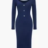 Solid Knit Button Midi Dress>MICAS Outlet